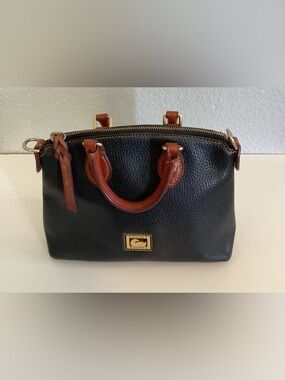 Dooney & Bourke Black Pebbled Leather Satchel with Brown Handles